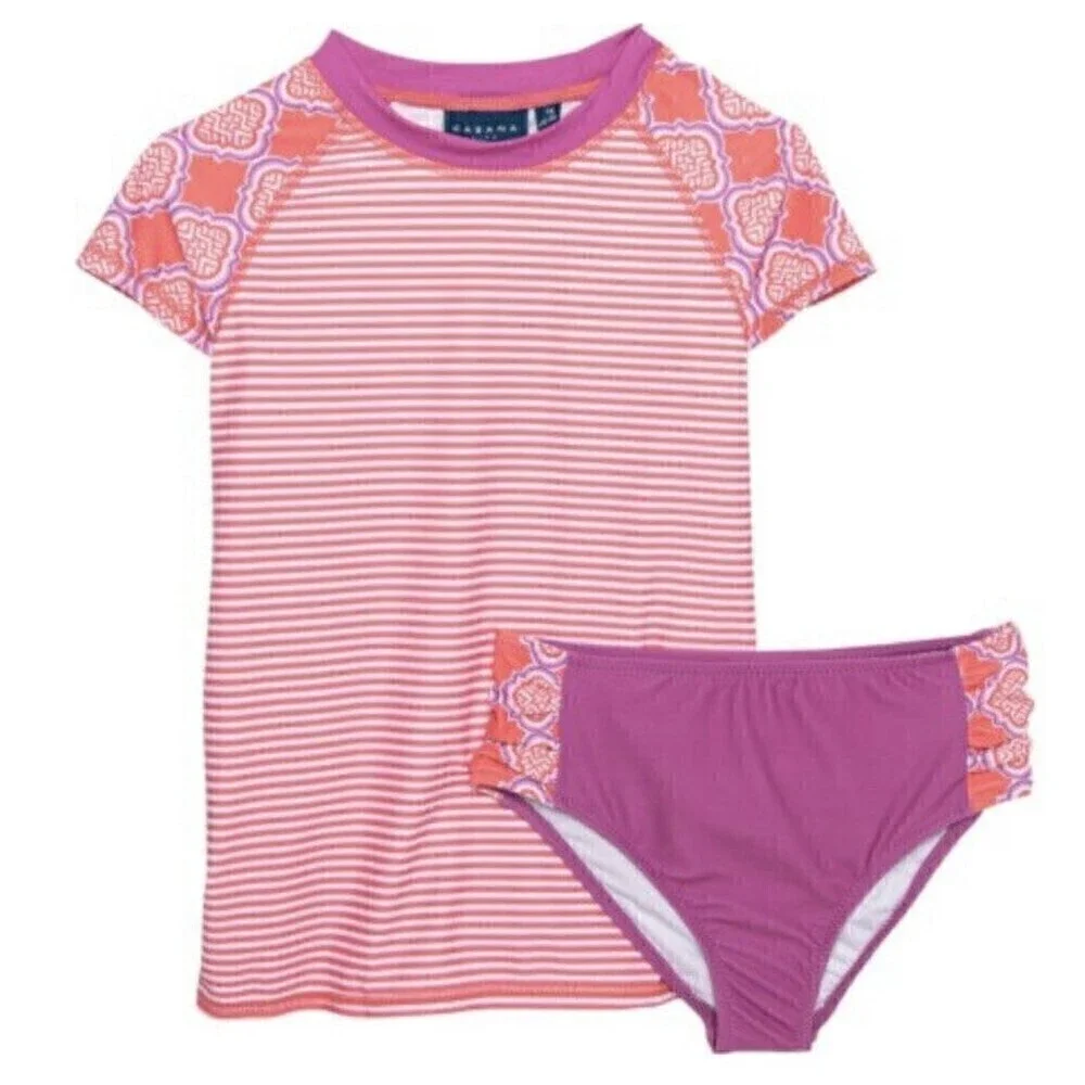 Cabana Life Rash Guard Bikini Bottoms Set Swimsuit Pink UPF 50+Short Sleeve Sz 4